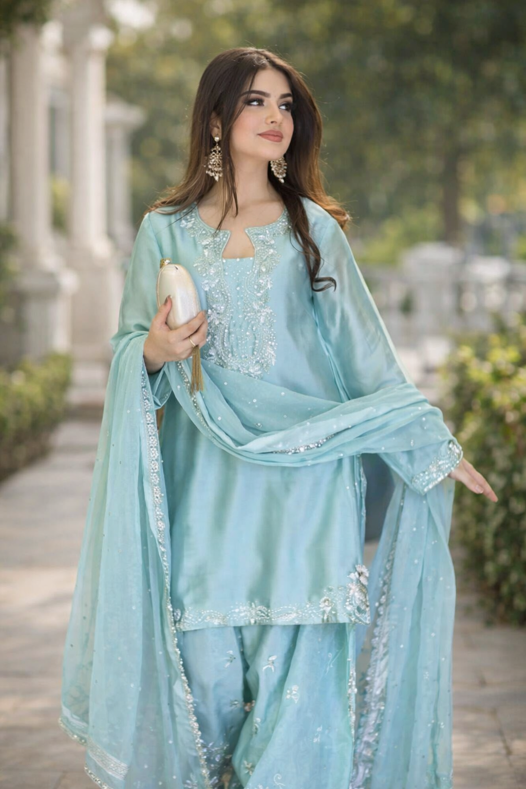 sky blue embroidered kurti with farshi salwar & dupatta set sky blue embroidered kurti with farshi salwar & dupatta set
