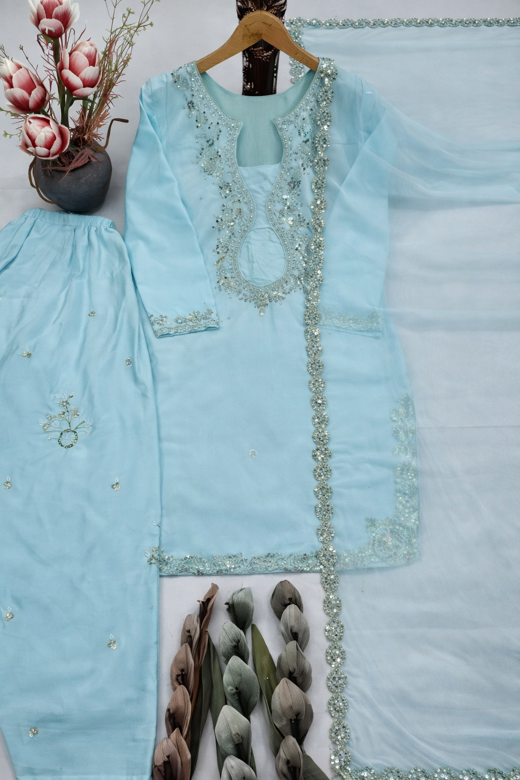 sky blue embroidered kurti with farshi salwar & dupatta set sky blue embroidered kurti with farshi salwar & dupatta set