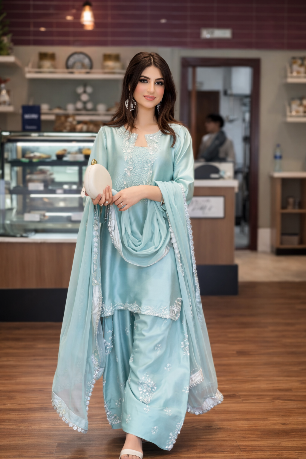 sky blue embroidered kurti with farshi salwar & dupatta set sky blue embroidered kurti with farshi salwar & dupatta set